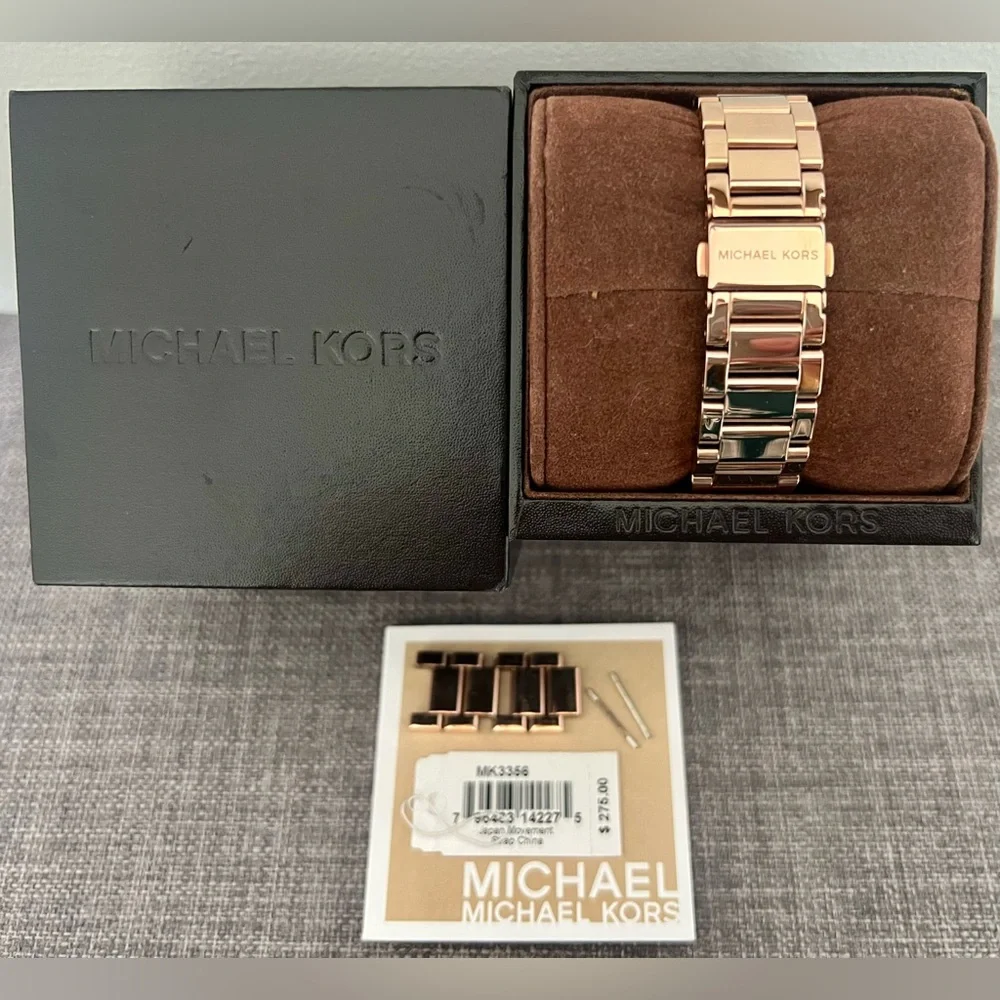 Michael Kors Catlin Black Diamonds Dial Rose Gold Steel Strap Watch Women MK3356